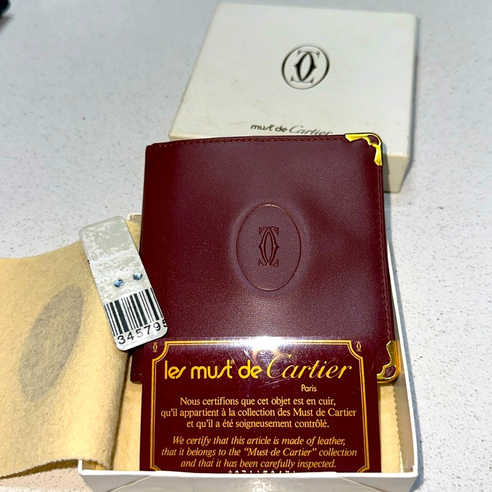 Le Must de Cartier Men's Burgundy Leather Wallet with coin purse w box card 1988
